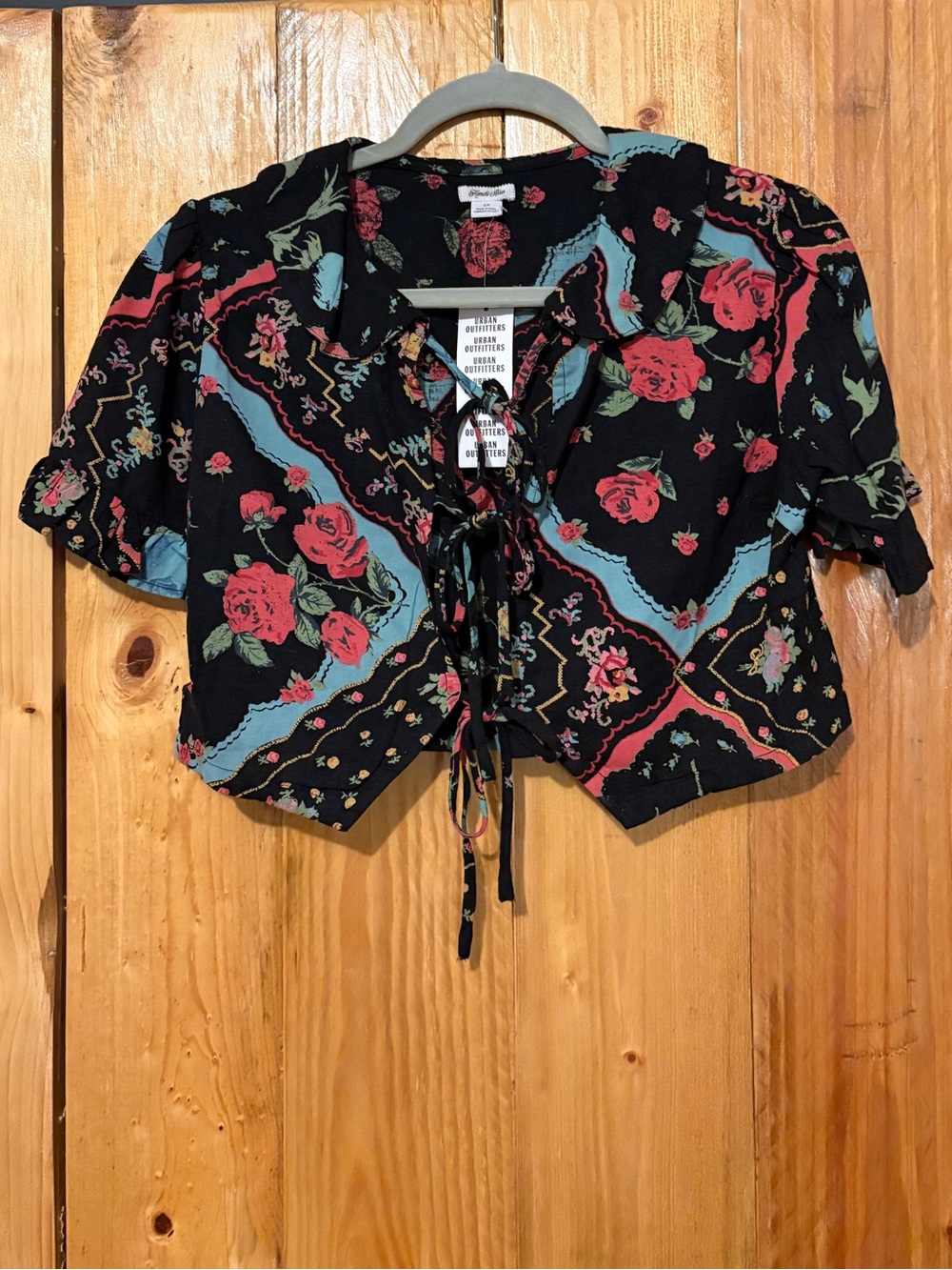 Urban Outfitters Black Floral Lace-Up Crop Top with Red Roses
